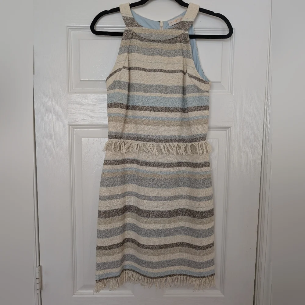 TORY BURCH Sleeveless Striped Fringe Halter Dress
